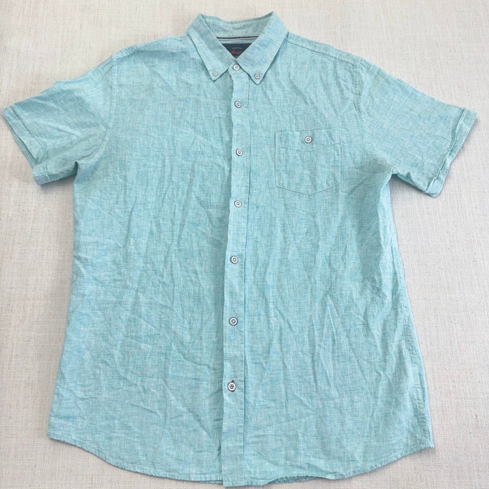 Weatherproof Vintage Mens Linen Blend Short Sleeve Button Down Shirt Aqua Blue M